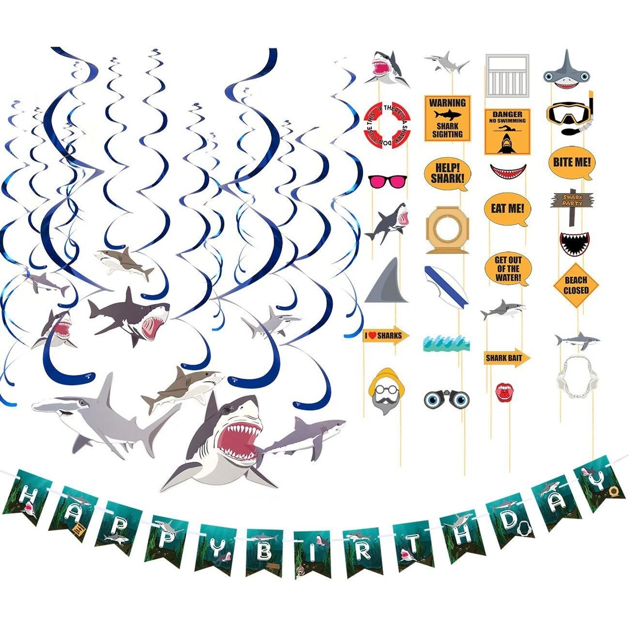 21 Pcs Happy Birthday Shark Party Decorations for Kids with Under the Sea Theme Ceiling Swirl, Banner Garland & Photo Props